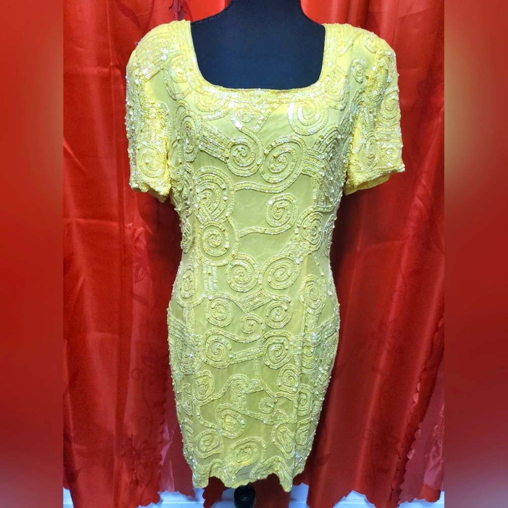 Vintage 80s Yellow Silk Beaded Sequin Sheath Cocktail Midi Dress sz M/L
